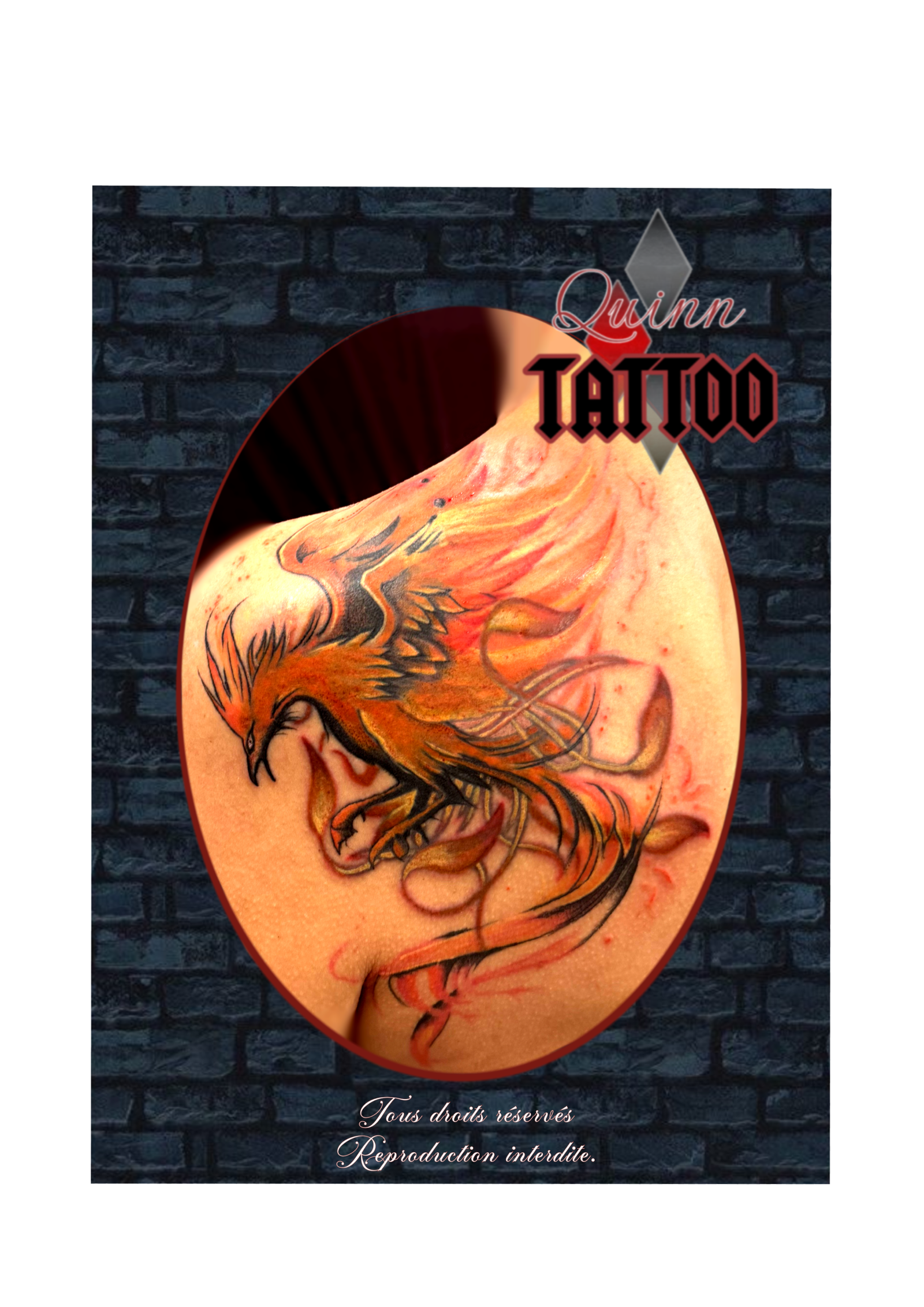 tatouage cover d'un phénix en couleur rouge orangé sur le dos d'une femme