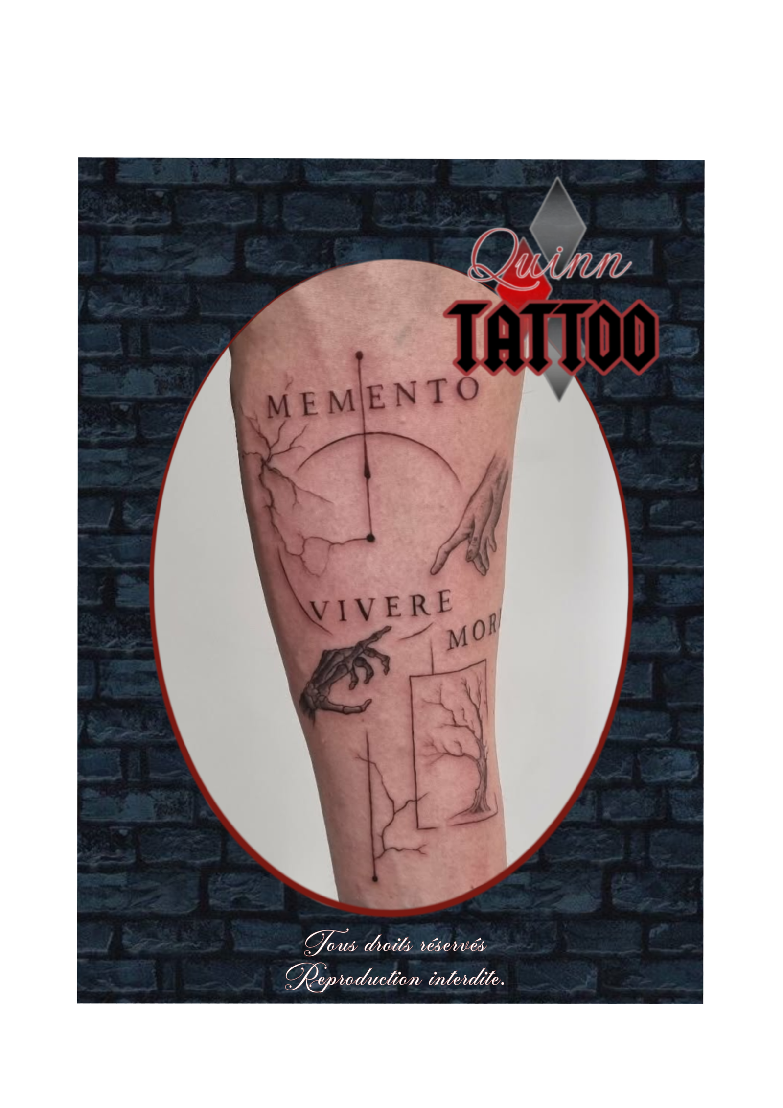 tatouage sur l'avant bras d'un homme, citation en latin avec main squelette et main réelle