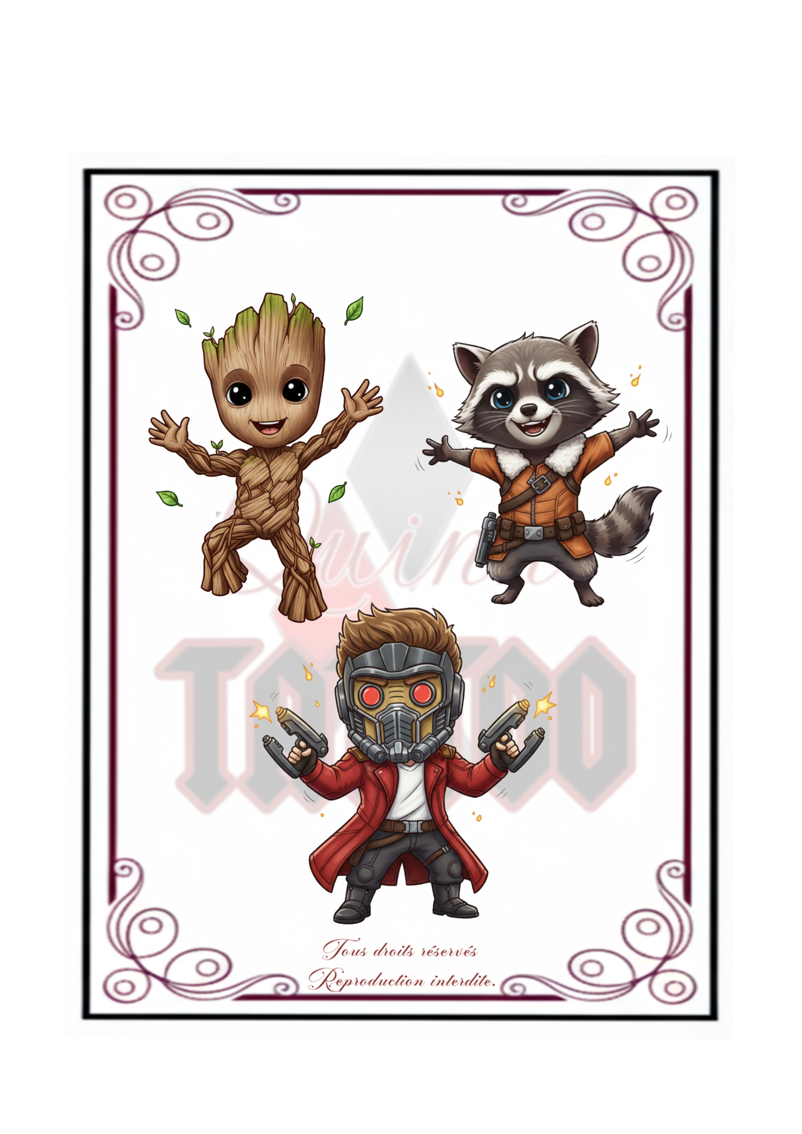 🌌 Flash Tattoo Pop-Culture : Les Gardiens de la Galaxie en version Chibi
Avis aux fans du MCU et d'aventures spatiales ! Je vous propose une série de flashs exclusifs inspirés des personnages iconiques des Gardiens de la Galaxie. Retrouvez Groot, Rocket Raccoon et Star-Lord dans un style