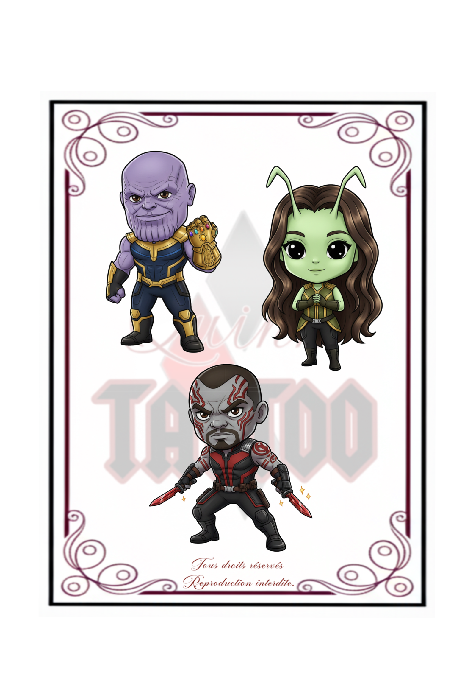 Flash Tatouage Marvel & Chibi à Augy (89)
Avis aux fans de l'univers Marvel ! Découvrez mes nouveaux flashs disponibles chez Quinn Tattoo. Retrouvez Thanos, Mantis et Drax revisités avec la finesse et délicatesse de mon style 