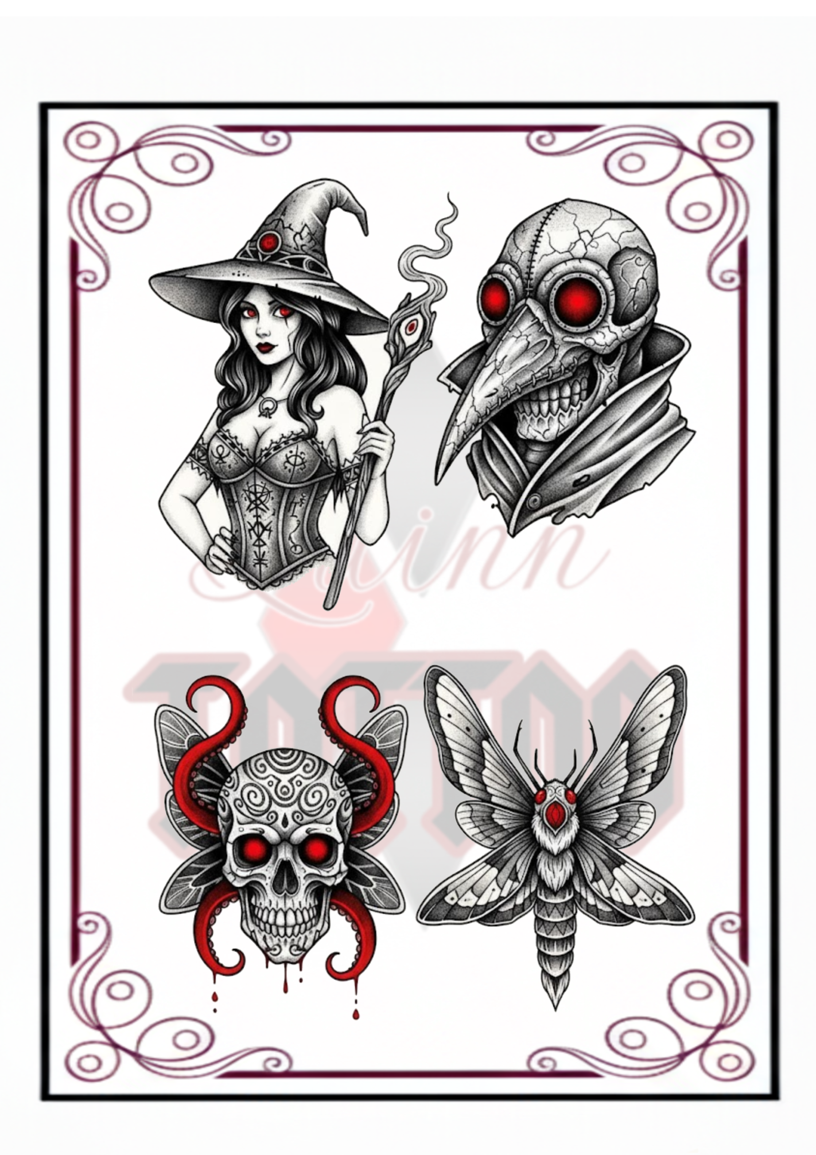 🌑 Flash Tattoo Occulte : Sorcière, Médecin de Peste et Symboles Dark
Explorez le côté sombre de l'art corporel avec cette série de flashs tatouages aux accents ésotériques. Travaillés en noir et gris avec des touches de rouge intense, ces motifs capturent une esthétique mystique et intemporelle, réalisée avec la finesse du style fineline.Les motifs de la planche :
La Sorcière Élégante : Une silhouette féminine mystique avec son chapeau pointu et son sceptre magique.Le Médecin de la Peste (Plague Doctor) : Un masque iconique revisité avec des yeux rouges perçants pour un rendu sombre et historique.Le Crâne Papillon : Une fusion macabre entre un crâne détaillé et des ailes de papillon, ornée de tentacules rouges.Le Sphinx (Moth) : Un papillon de nuit aux détails symétriques et aux reflets rouges mystérieux.Chaque dessin est une création originale de Quinn Tattoo, pensée pour ceux qui cherchent une pièce à la fois graphique et symbolique.Votre projet avec Angie Tattoo à Augy (89)
Spécialisée dans les tatouages uniques empreints de finesse et de délicatesse, je vous reçois dans mon shop privé à Augy (89290), près d'Auxerre. Profitez d'une ambiance cosy au calme pour une séance de tatouage en toute sérénité.✨ Style : Dark Occulte / Fineline / Black & Red.📍 Lieu : Augy, Yonne (89).📅 Réservation : Uniquement sur rendez-vous.