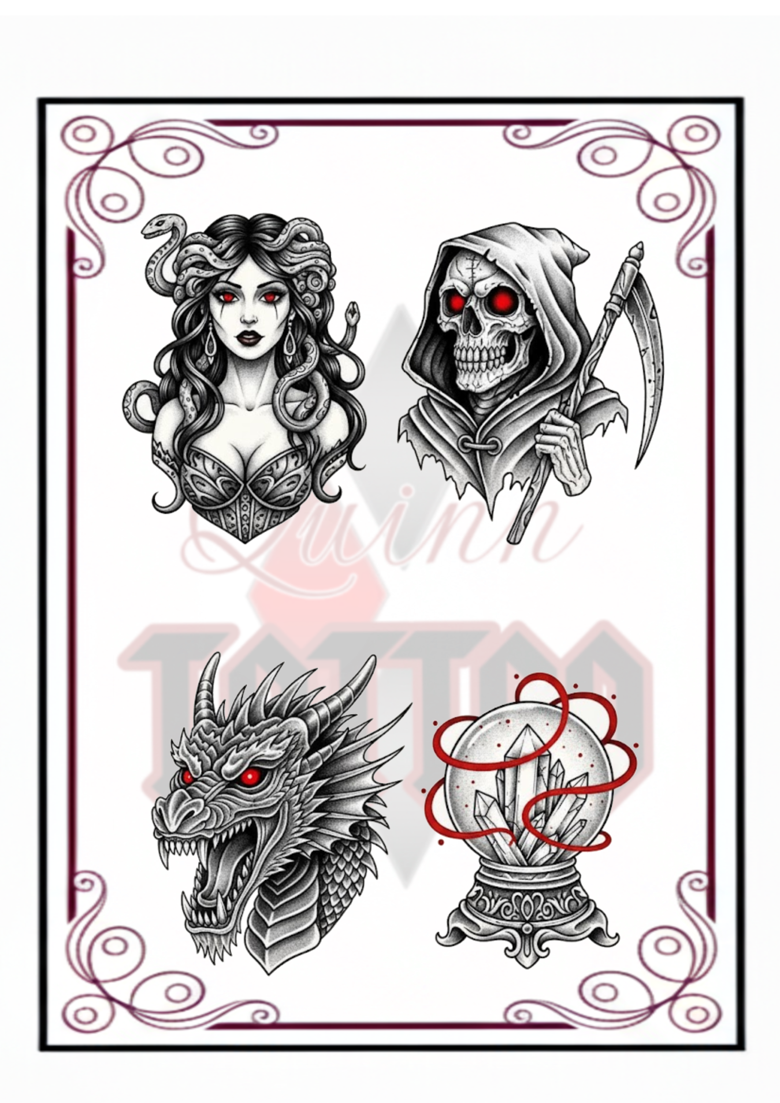 🐍 Flash Tattoo Mythologique : Méduse, La Faucheuse et Magie Noire
Laissez-vous séduire par l'esthétique captivante de cette nouvelle série de flashs tatouages. Entre mythologie classique et imagerie ésotérique, ces motifs en noir et gris sont sublimés par des détails rouges sang pour un contraste saisissant, le tout réalisé avec la précision du fineline.Les motifs de la planche :
Méduse : La célèbre gorgone aux cheveux de serpents, représentée avec un regard perçant et des détails de dentelle sur son bustier.La Faucheuse (Grim Reaper) : Une interprétation sombre et détaillée de la mort, avec ses yeux rouges et sa faux emblématique.La Tête de Dragon : Une créature puissante aux écailles finement tracées et au regard ardent.La Boule de Cristal : Un objet de divination mystique renfermant des cristaux, entouré d'une aura d'énergie rouge.Chaque pièce est une création originale de Quinn Tattoo, idéale pour un projet qui affirme votre personnalité.Votre expérience chez Quinn Tattoo à Augy (89)
Je vous accueille dans mon shop privé à Augy (89290), à proximité d'Auxerre, pour transformer ces visuels en œuvres d'art durables. Spécialisée dans les tatouages uniques empreints de finesse et de délicatesse, je m'assure que chaque séance se déroule dans une ambiance sereine et professionnelle.✨ Style : Dark Mythology / Ésotérique / Fineline.📍 Localisation : Augy (Yonne - 89).📅 Disponibilité : Uniquement sur rendez-vous.