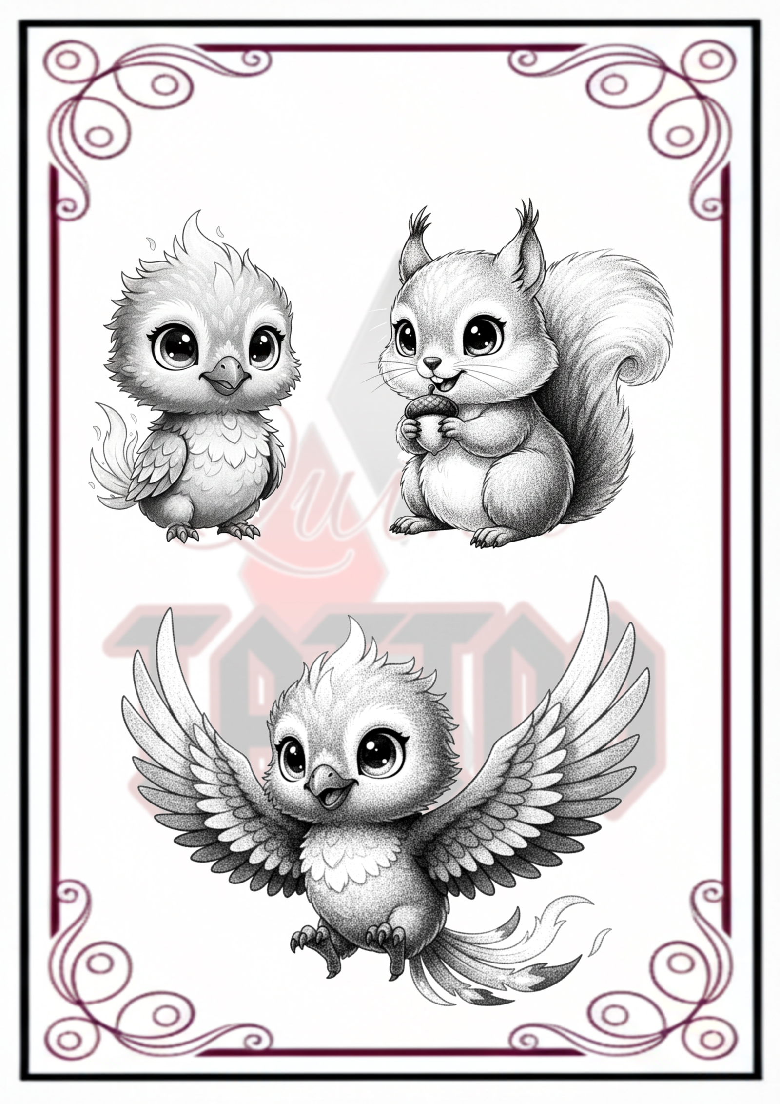 🐿️ Flash Tattoo : Les Petits Compagnons de la Forêt (Black & Grey)
Découvrez une nouvelle série de flashs disponibles tout en finesse, mettant à l'honneur la faune de nos forêts. Ces motifs, travaillés exclusivement en noir et gris, jouent sur les contrastes et la douceur pour un rendu élégant et intemporel sur la peau.Les motifs de la planche :
L'Écureuil Gourmand : Un petit rongeur croquant une noisette, idéal pour un tatouage plein de vie et de malice.Le Bébé Chouette / Oiseau : Deux poses différentes (au repos ou prêt à l'envol) avec un travail minutieux sur le plumage et les grands yeux expressifs.Ces modèles sont parfaits pour ceux qui recherchent un tatouage animalier au style