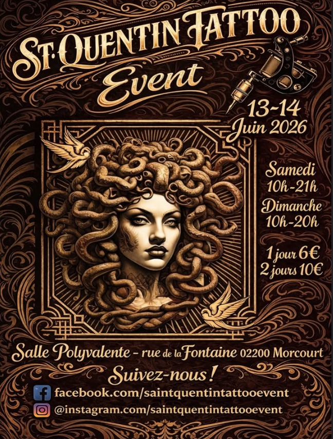 Affiche du St Quentin Tattoo Event 13-14 juin 2026 participation de Quinn Tattoo Angie Tattoo Augy