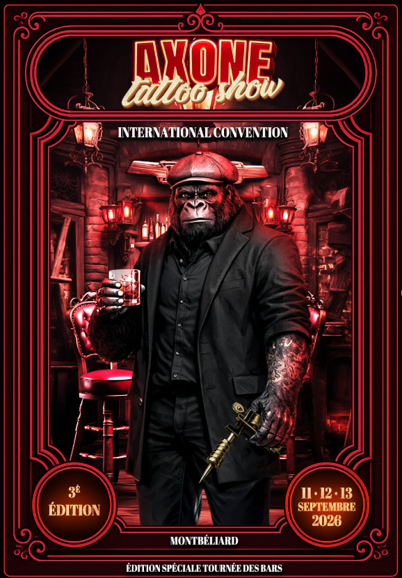 Affiche de la Convention de Tatouage de Montbéliard prévue pour septembre 2026, annonçant la présence de Quinn Tattoo, artiste tatoueuse spécialisée en fineline, floral et dotwork