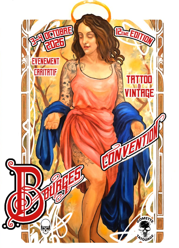 Affiche officielle de la Bourges Tattoo Convention 2026, les 3 et 4 octobre au Palais d'Auron, annonçant la présence de Quinn Tattoo, tatoueuse spécialisée en fineline et floral.