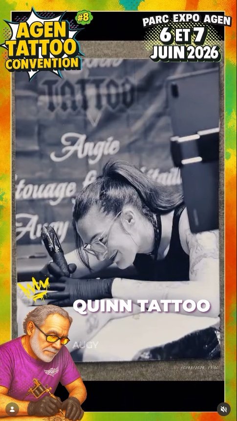 Affiche officielle de la Agen Tattoo Convention 2026, les 16 et 17 mai au Centre de Congrès d'Agen, annonçant la participation de Quinn Tattoo, tatoueuse spécialisée en traits fins et floral.